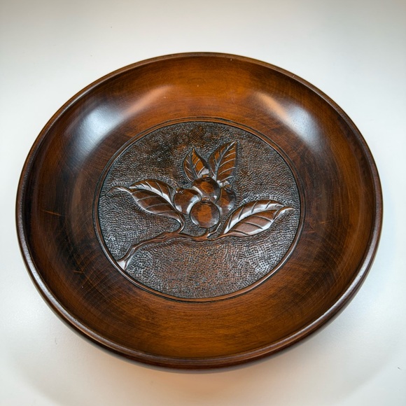 Other - Vintage Folk Art Japanese Mid Century Intricate Laquared Hand Carved Wood Plate